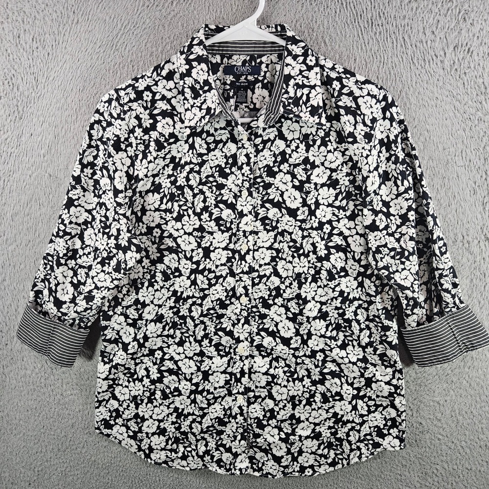 Chaps Womens Medium Black White Floral No Iron 3/4 Sleeve Button Up Shirt Top